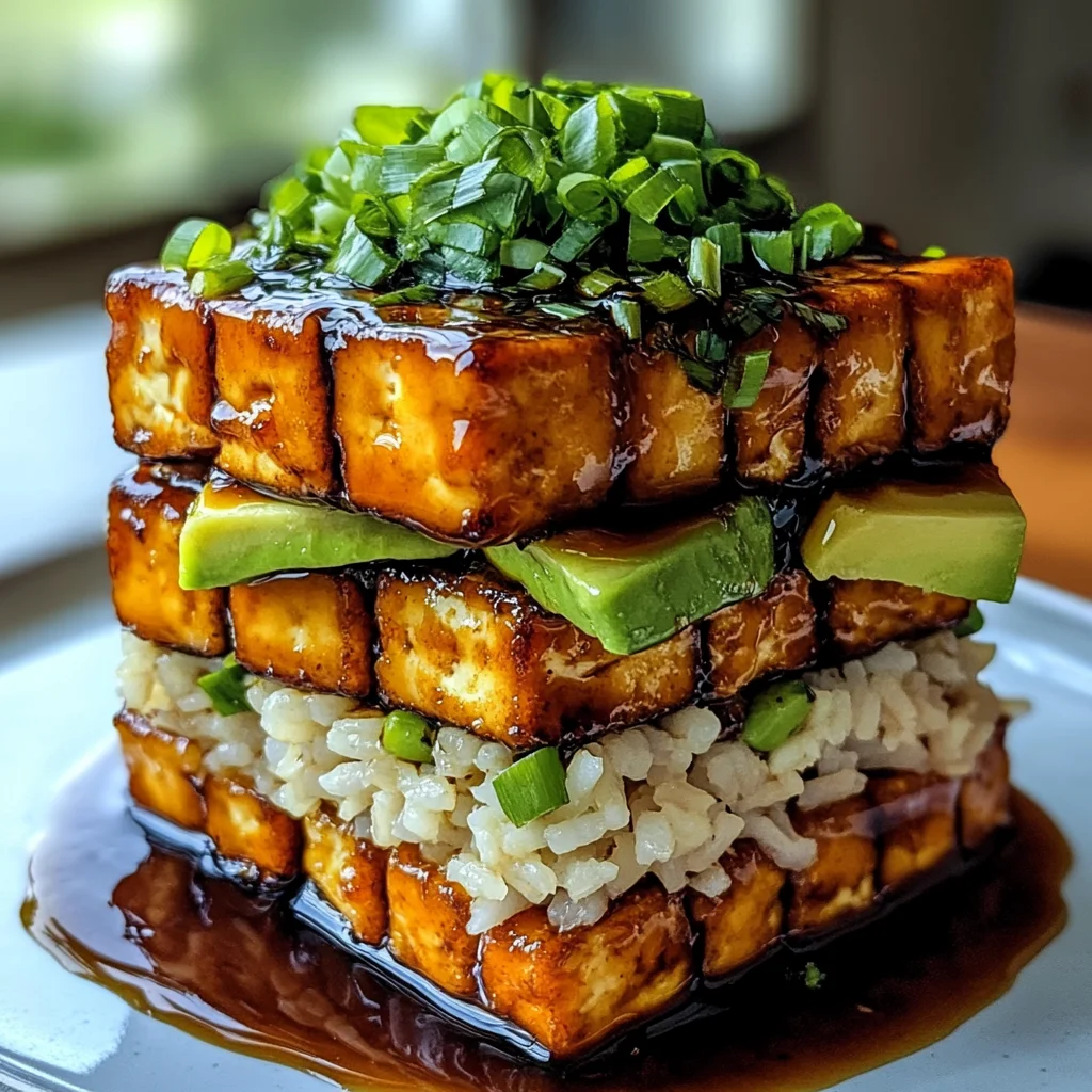 Crispy Teriyaki Tofu and Avocado Rice Stack