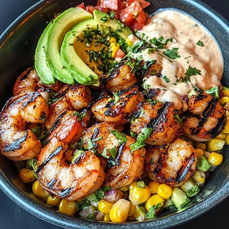 Grilled Shrimp Bowl with Avocado, Corn Salsa & Creamy Garlic Sauce