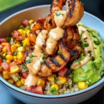 Grilled Shrimp Bowl with Avocado, Corn Salsa & Creamy Sauce