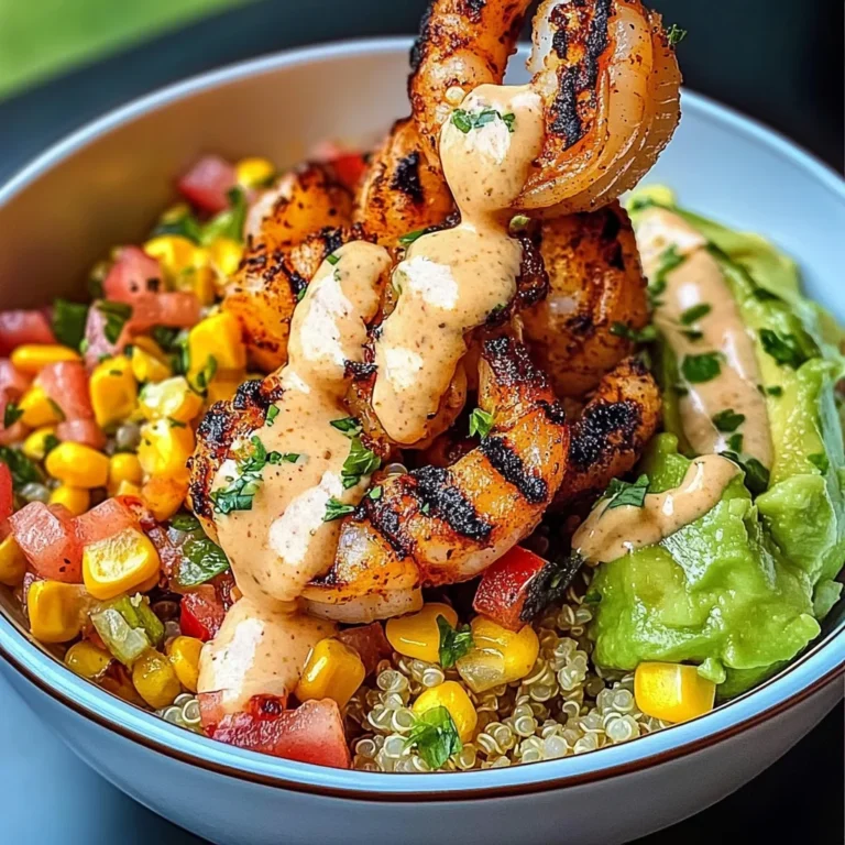 Grilled Shrimp Bowl with Avocado, Corn Salsa & Creamy Sauce