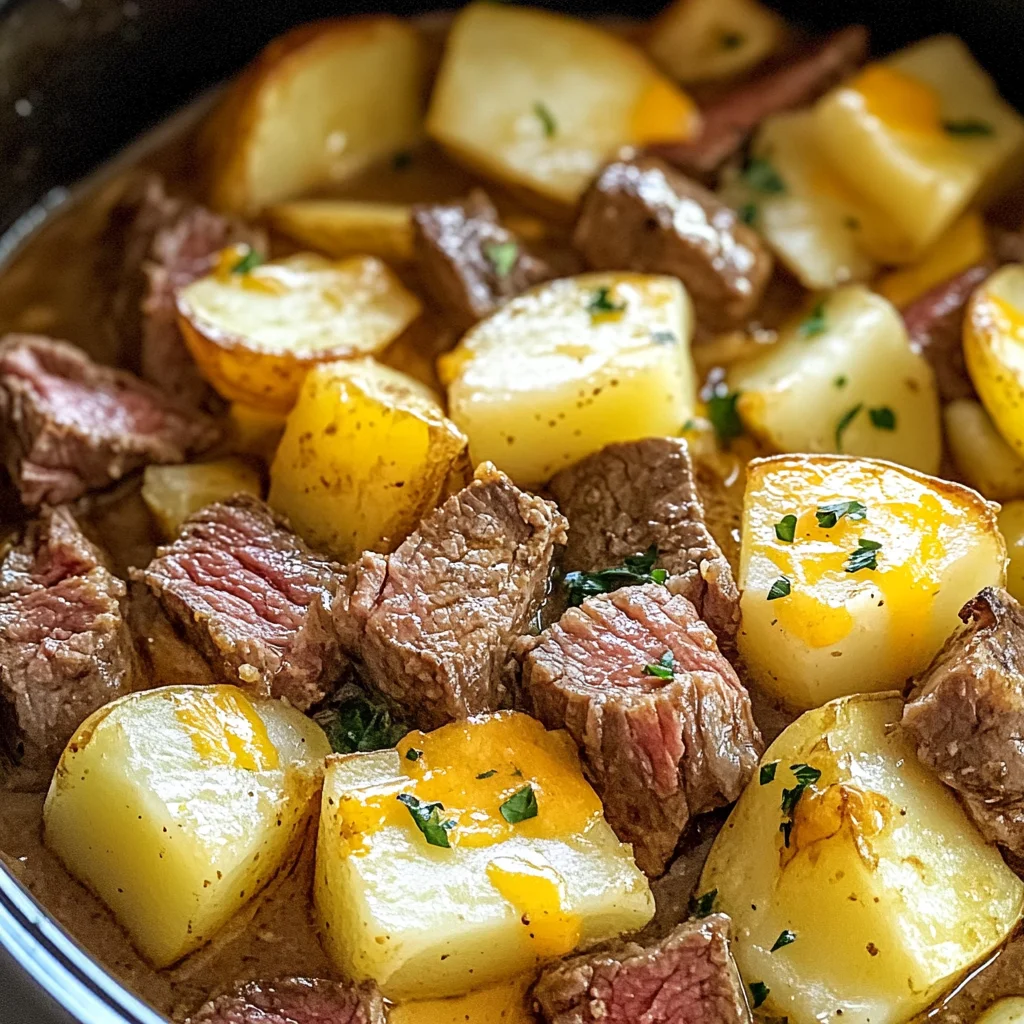 Slow Cooker Steak and Cheddar Potato Casserole