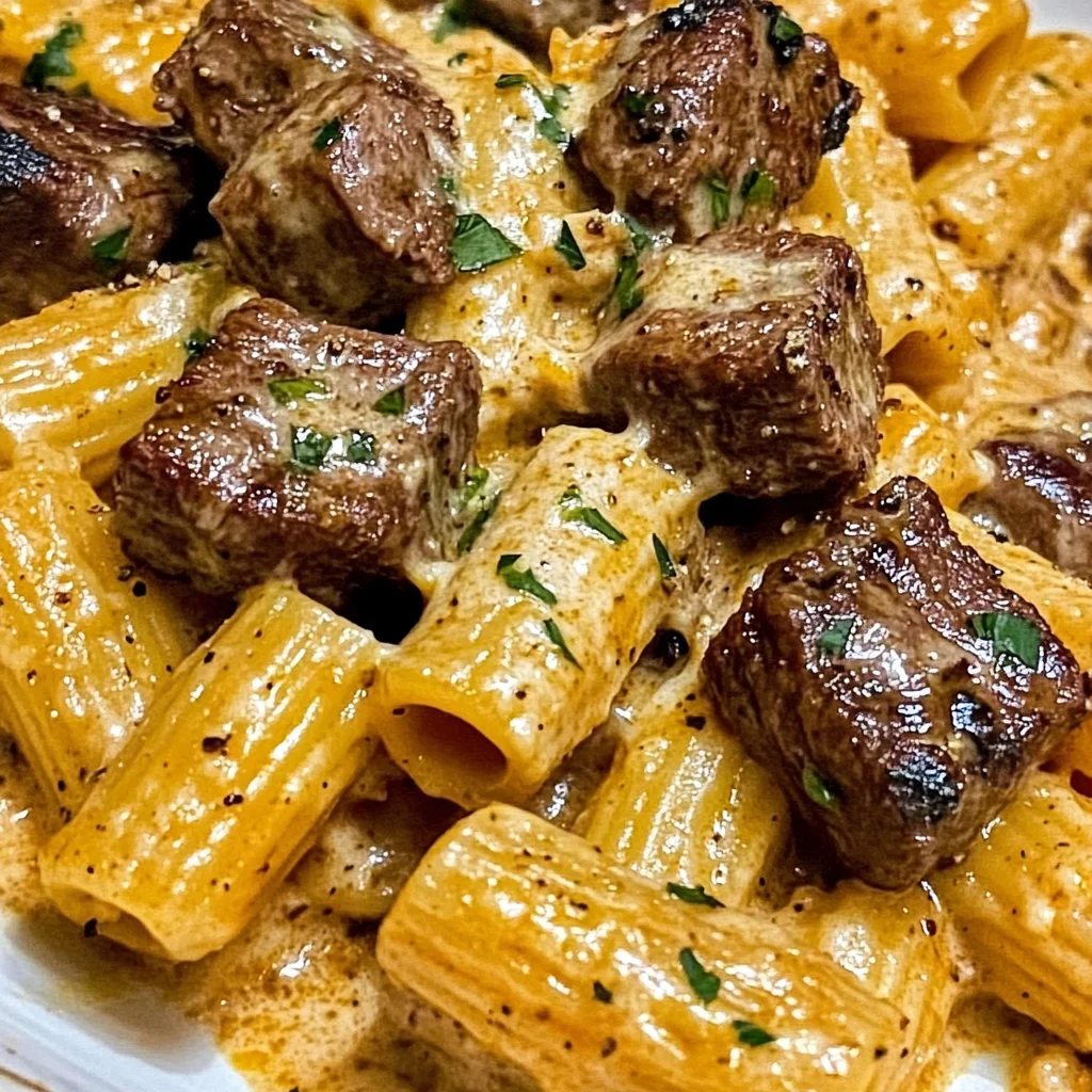 Cajun Steak Tips in Cheesy Rigatoni Parmesan Sauce