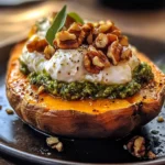 Stuffed Sweet Potatoes with Burrata, Toasted Walnuts & Sage Pesto
