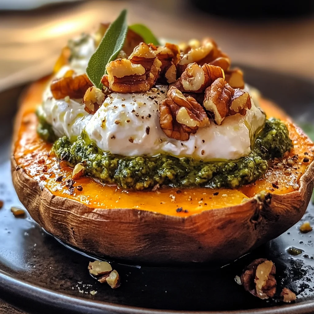 Stuffed Sweet Potatoes with Burrata, Toasted Walnuts & Sage Pesto